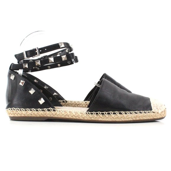 Schutz Koralina Black Leather Studded Espadrille Flats Ankle Wrap Straps SZ 8 - Picture 5 of 11